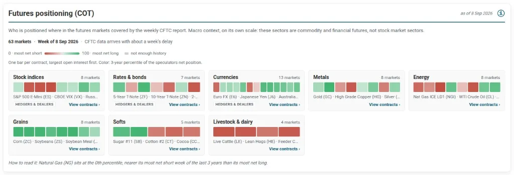 Futures positioning (COT) by sector.