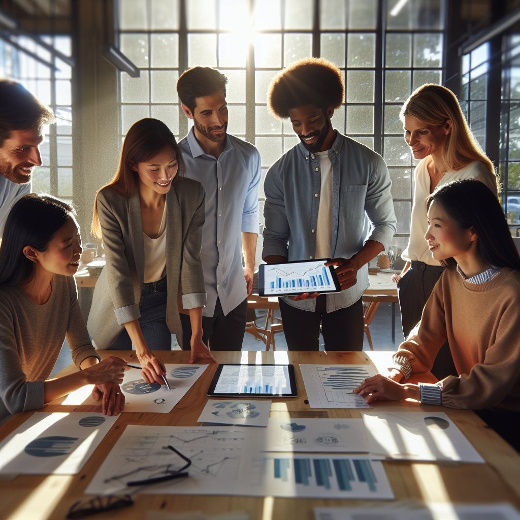 Análisis de oportunidad de inversión en empresas de servicios de empleo y staffing, con profesionales revisando datos de crecimiento de ingresos y EPS.